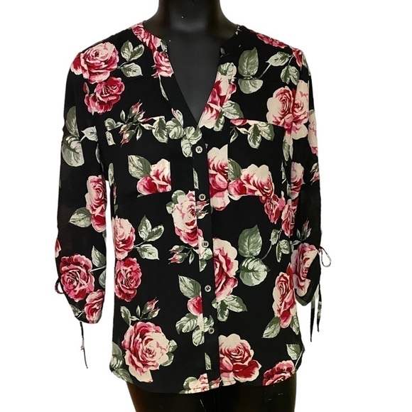 NEW NY&C Red Floral Print Black Tunic Top Blouse - Picture 1 of 7